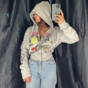 grey graphics ed hardy crop zip up jacket hoodie